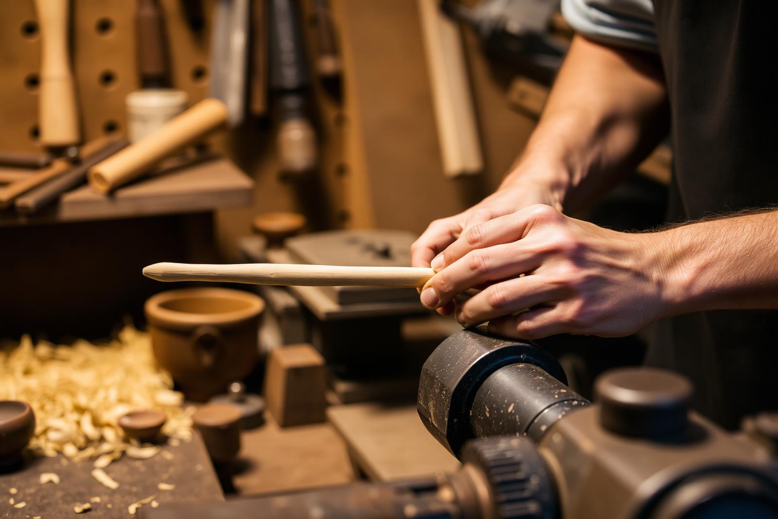 Hands turning a drumstick on a vintage South Bend lathe